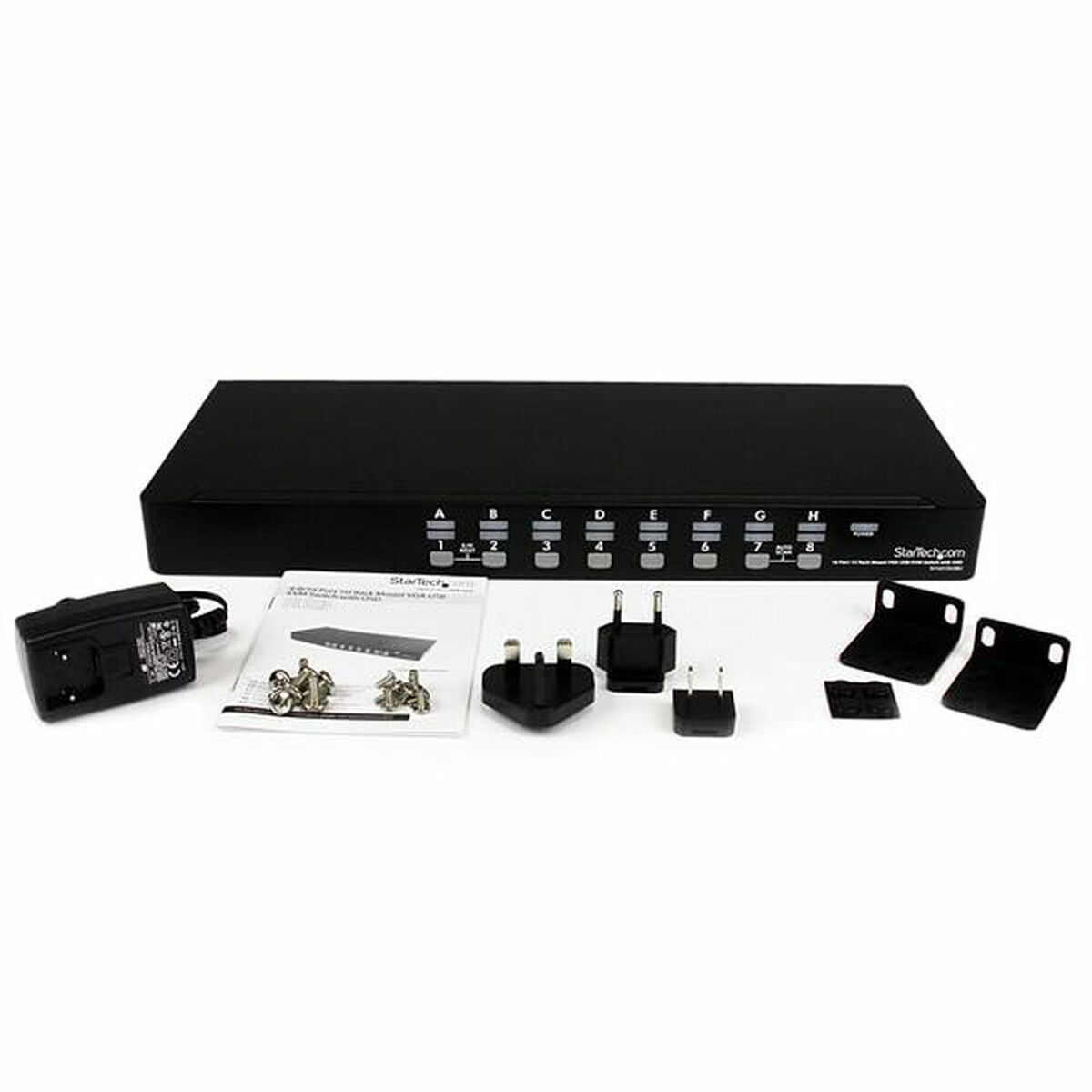 Schwarzes StarTech.com-Gerät mit Zubehör, einschließlich Stecker und Kabel.