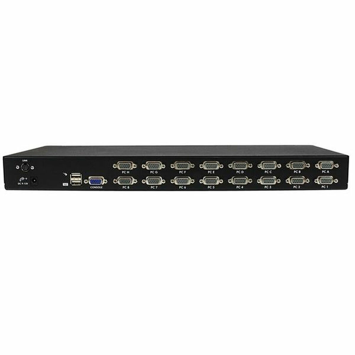 Schwarzer KVM-Switch mit mehreren VGA-Anschlüssen. Frontplatte hat Konsole und USB-Anschlüsse.