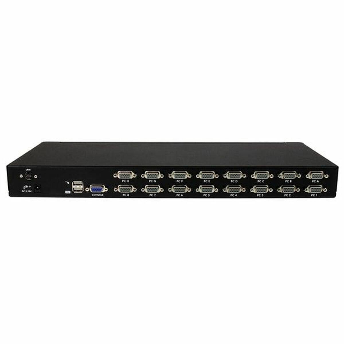 Een zwarte KVM-switch met meerdere poorten en connectoren, ontworpen voor verschillende verbindingen.