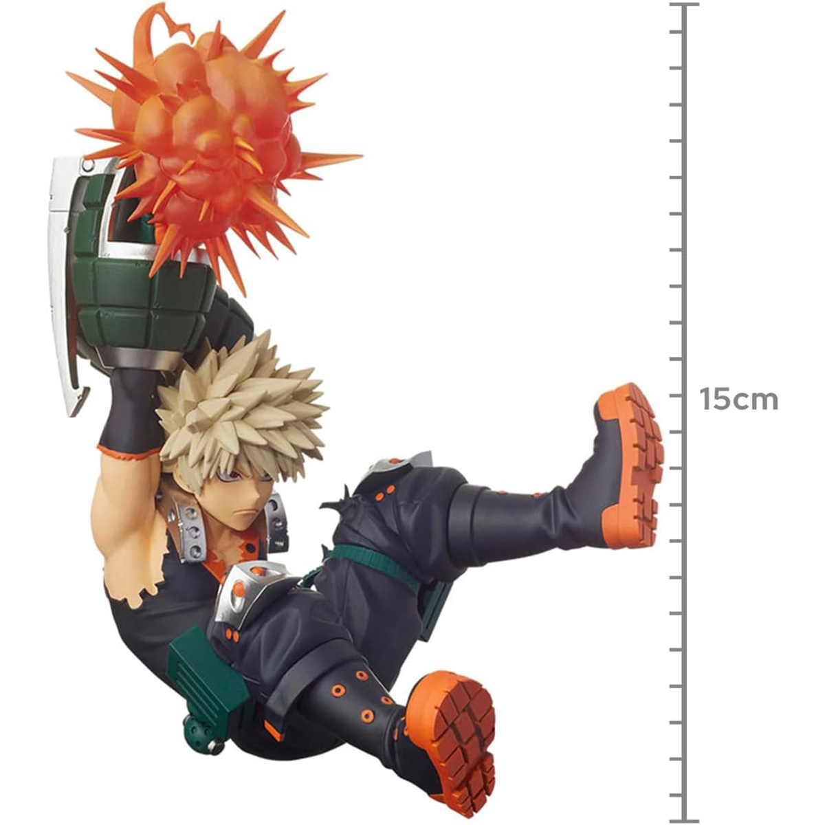 Anime-Figur einer Figur. Orangener Explosionseffekt, liegende Pose, auf weißem Hintergrund.
