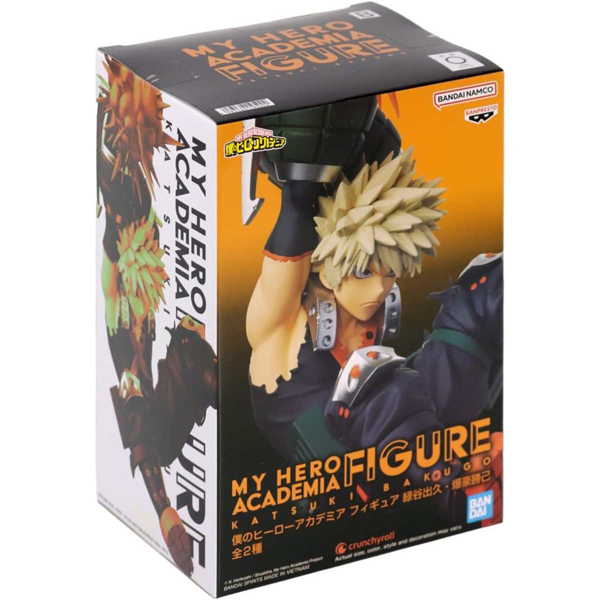 Eine verpackte My Hero Academia Figur von Katsuki Bakugo. Die Box zeigt die Figur und Logos.
