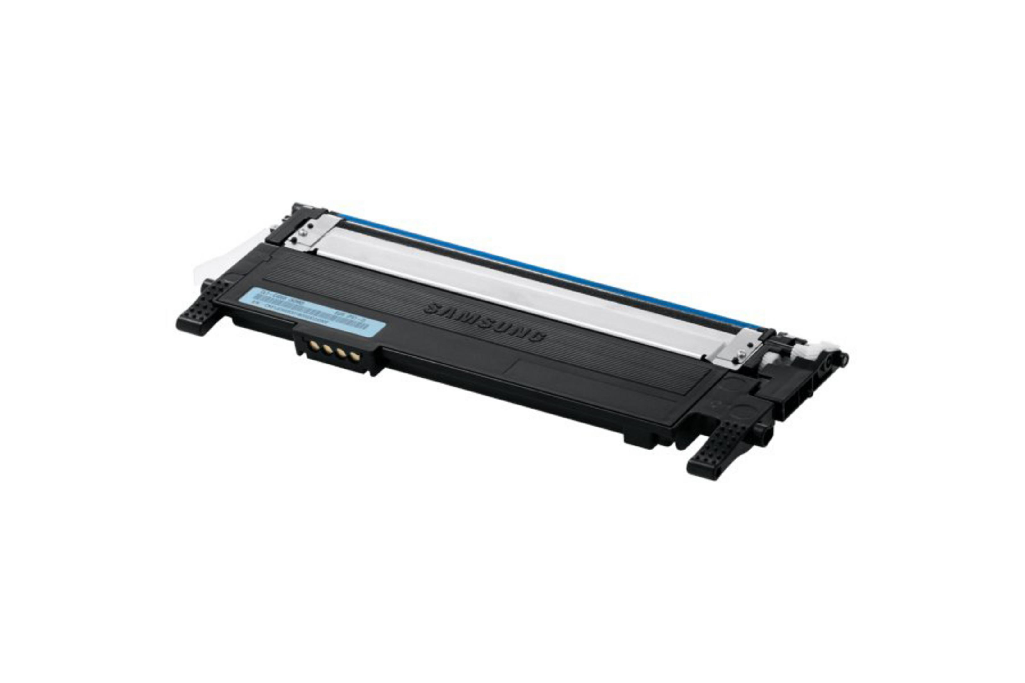 Cartouche de toner SAMSUNG noire et bleue sur fond blanc.