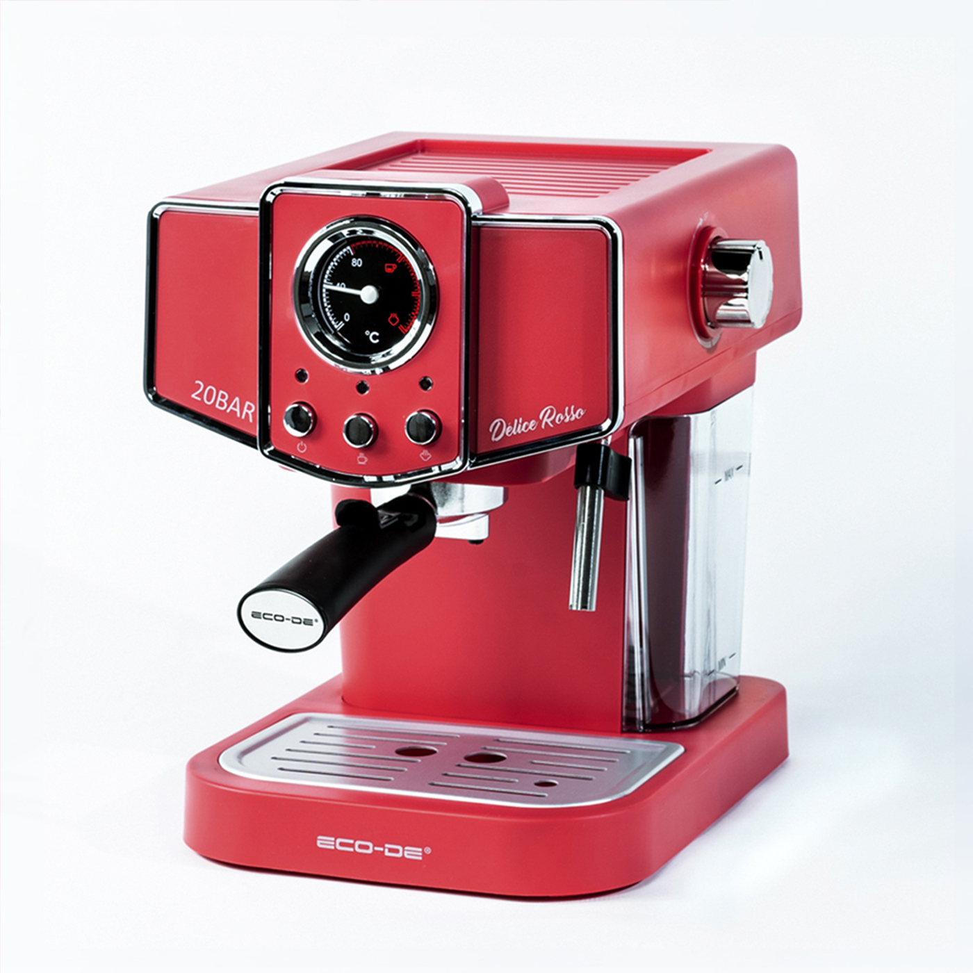 Una máquina de espresso roja con un indicador de 20BAR y un mango negro.