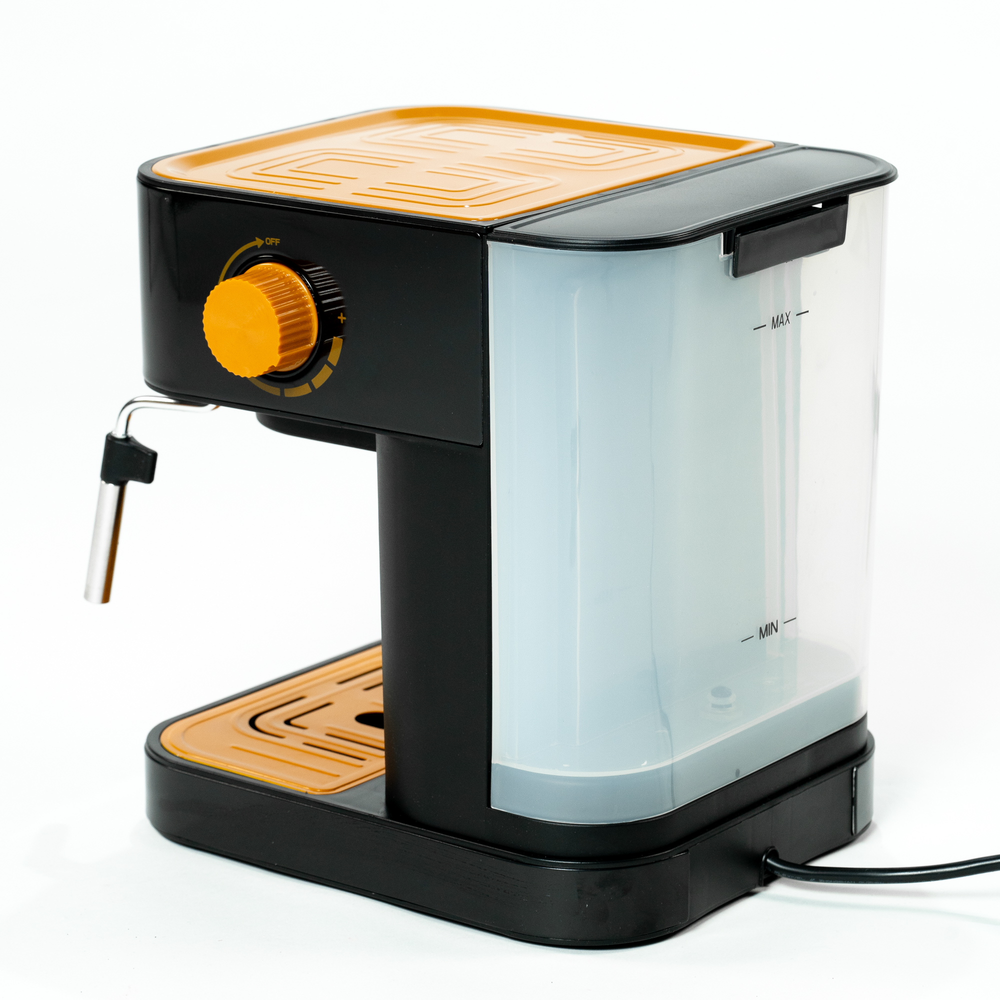 Máquina de espresso negra y naranja con un tanque de agua transparente.
