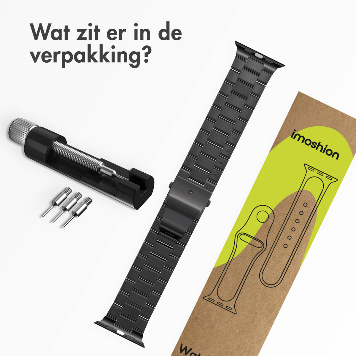 Watch strap and tools. A black watch strap, a tool, and a green and white package are shown.