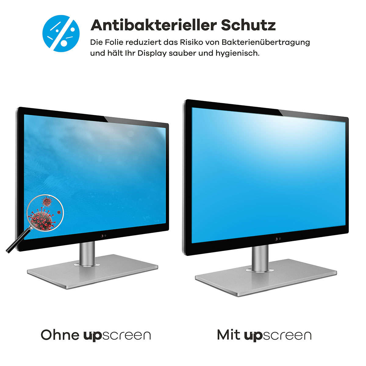 Zwei Monitore, einer mit Viren, einer mit Schutz. Lupe und Text.