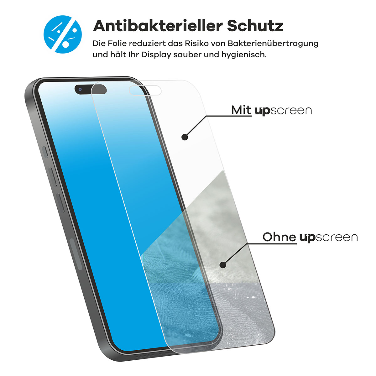 Das Bild zeigt ein Telefon mit Displayschutz. Auch ein Telefon ohne Schutz wird gezeigt.