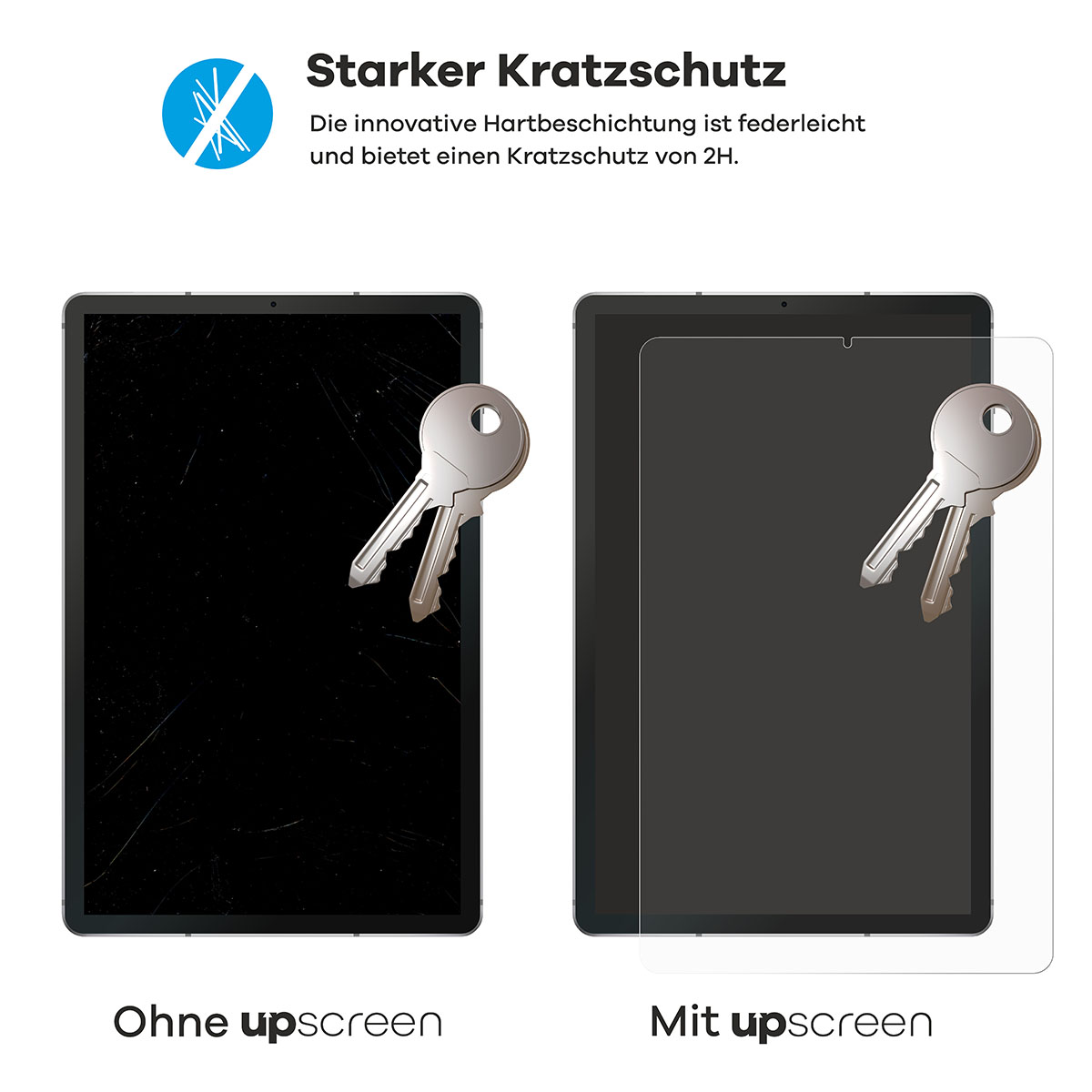 Bild zeigt ein Tablet mit zerkratztem Bildschirm und ein Tablet mit Displayschutz, beide mit Schlüsseln.