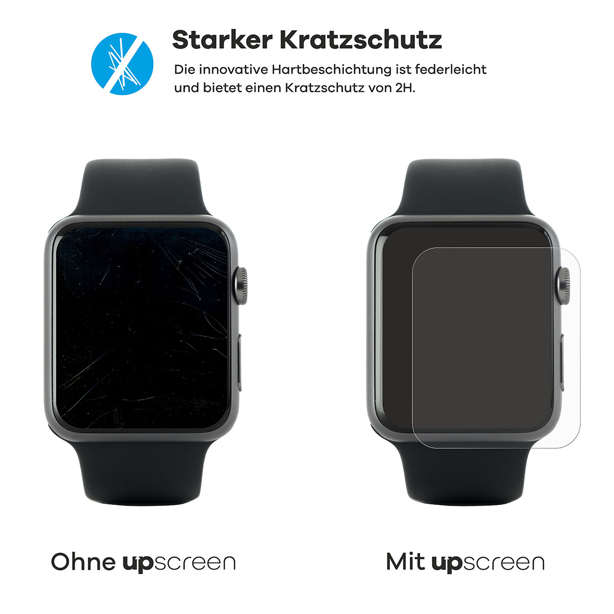 Smartwatch mit zerkratztem Bildschirm neben einem mit Displayschutz.