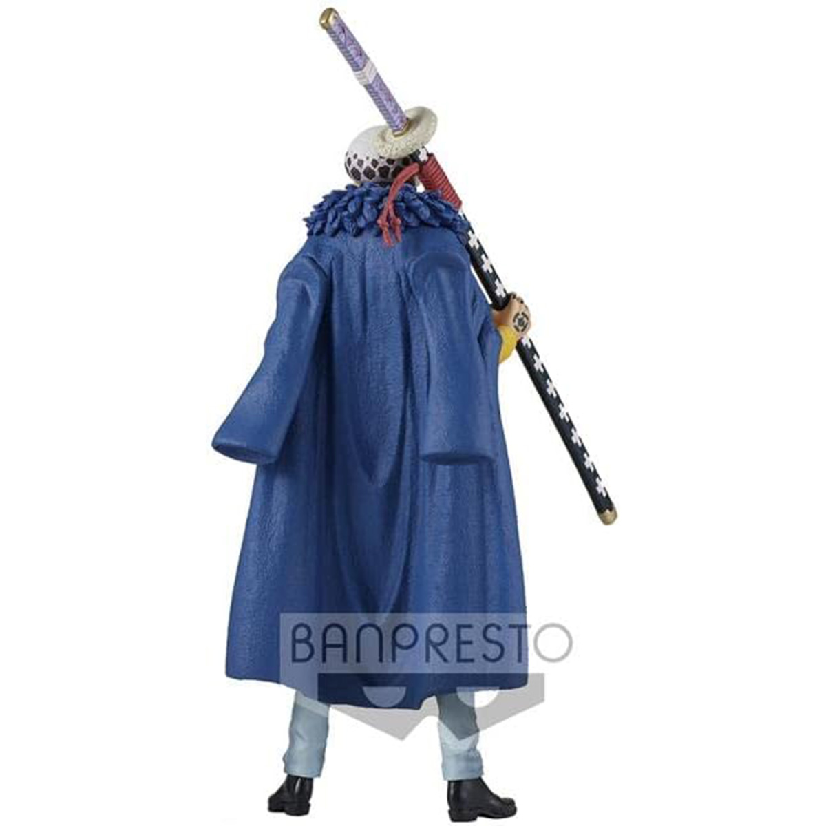 Eine Figur eines Mannes in einem blauen Mantel, der ein Schwert hält. Es hat einen schwarz-weiß gestreiften Griff.