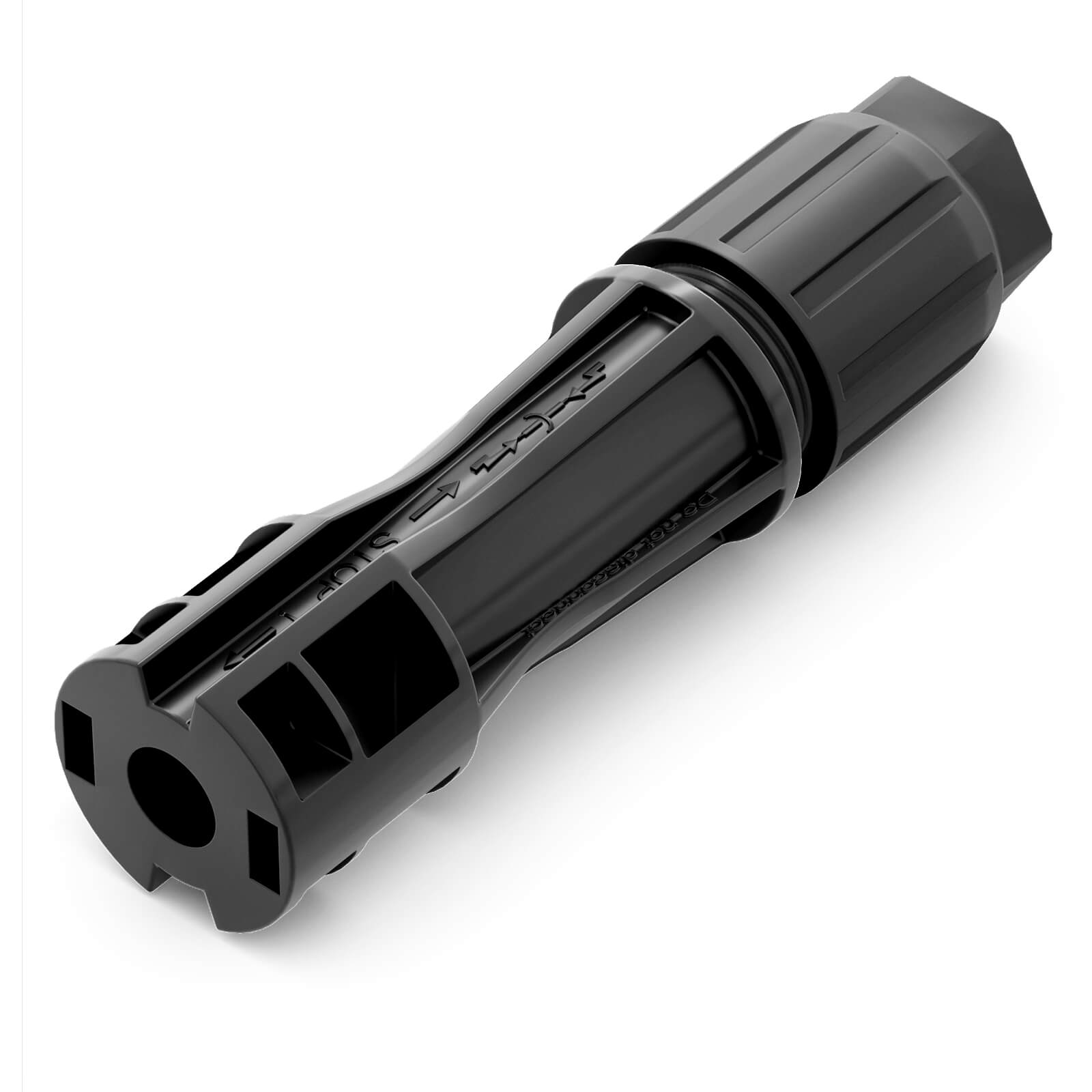 Ein schwarzer Stecker mit vielen Öffnungen. Es hat Pfeile und andere Markierungen.
