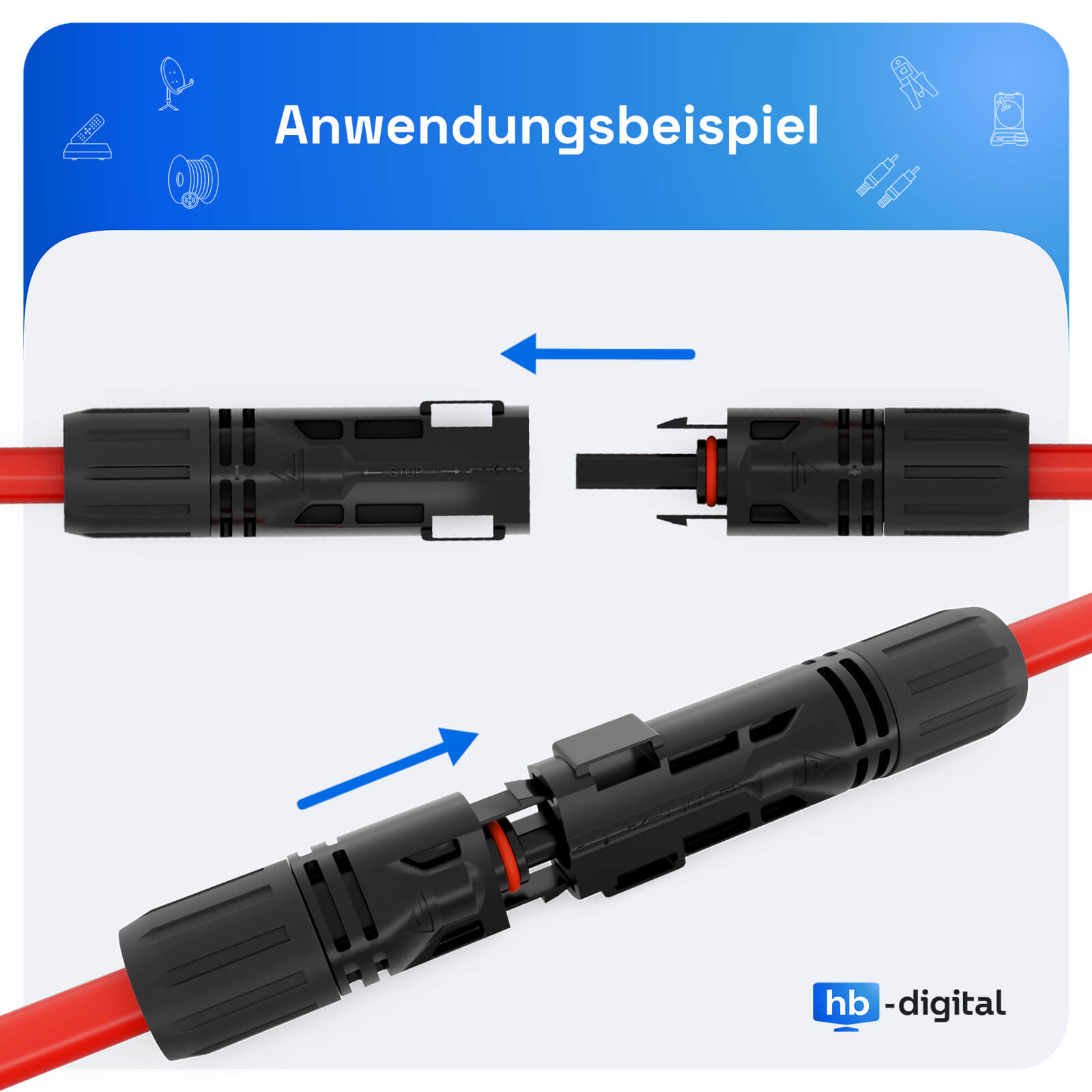 Zwei schwarze elektrische Stecker sind abgebildet, einer getrennt und einer verbunden, mit rotem Kabel.