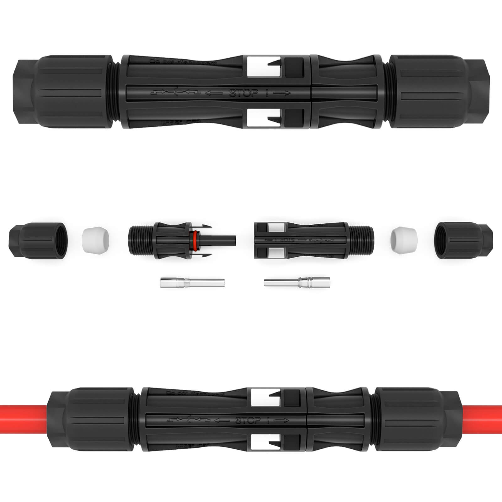 Schwarze Verbinder, Teile getrennt, und ein rotes Kabel. Alle Teile sind schwarz mit weißem Text.