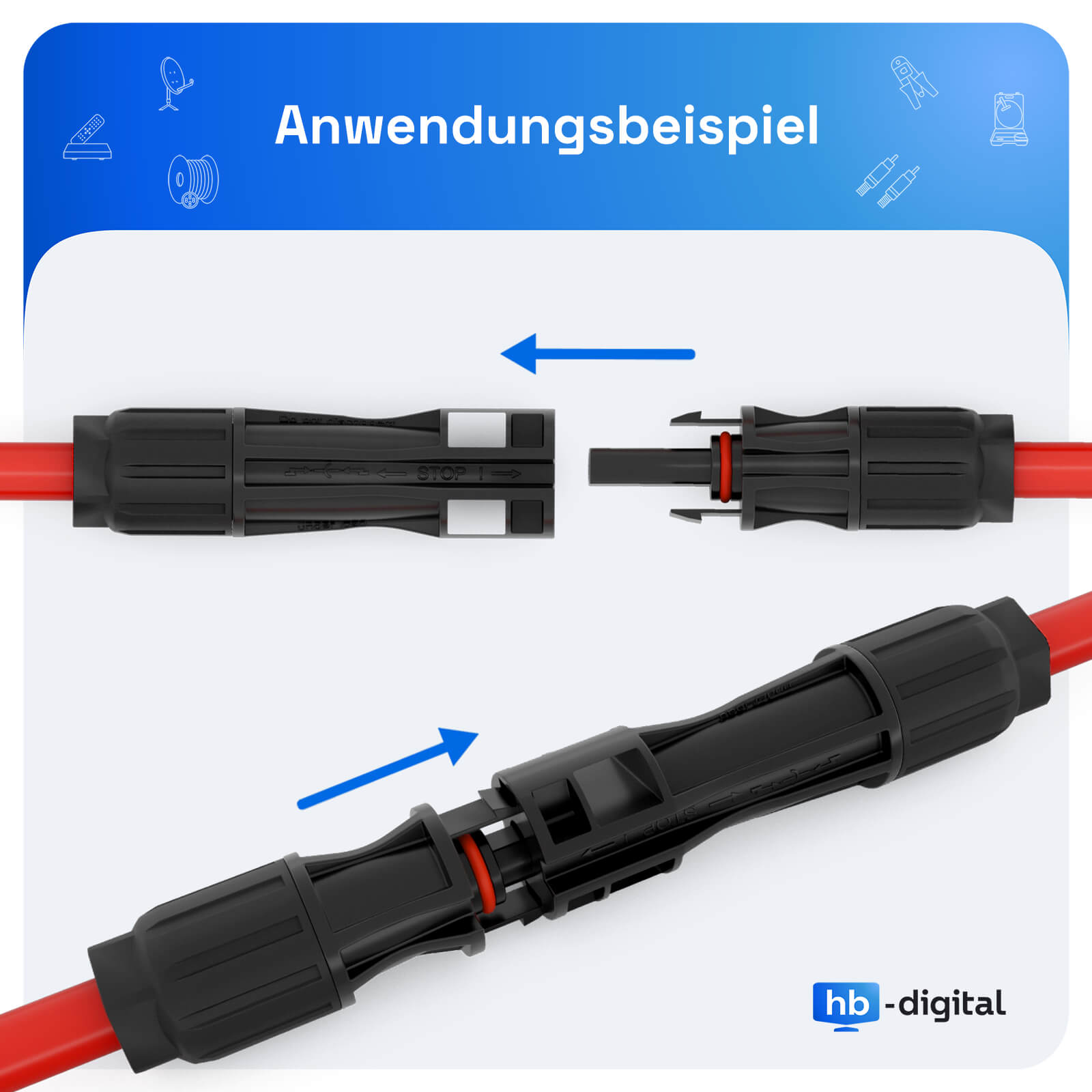Zwei schwarze Stecker mit roten Kabeln. Pfeile zeigen die Verbindungsrichtung.