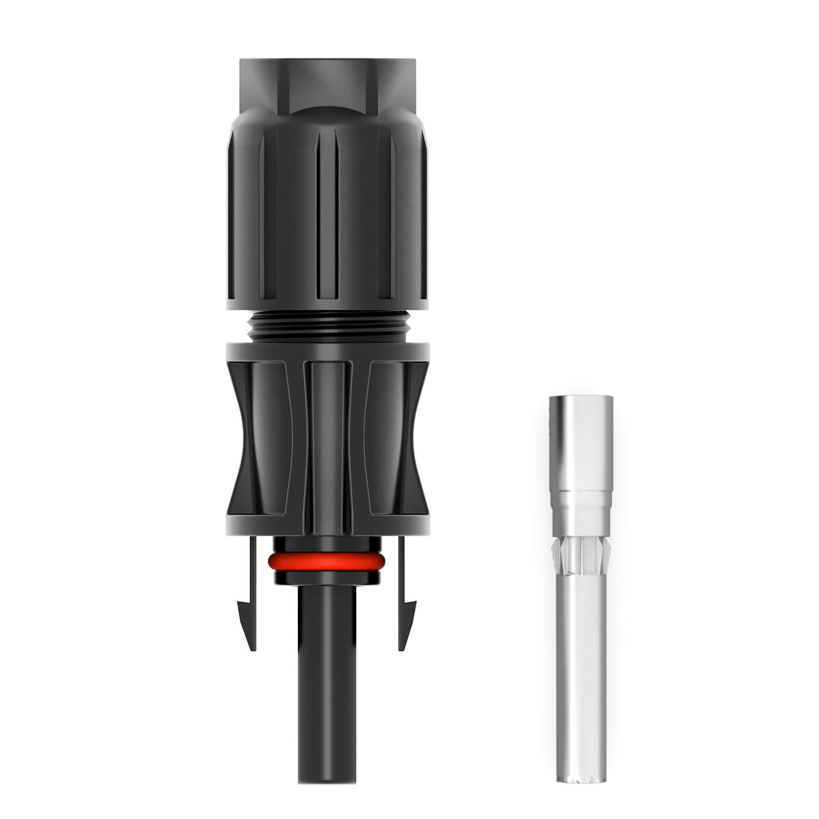 Zwei schwarze Stecker, einer mit rotem Ring und Metallstift. Weißer Hintergrund.