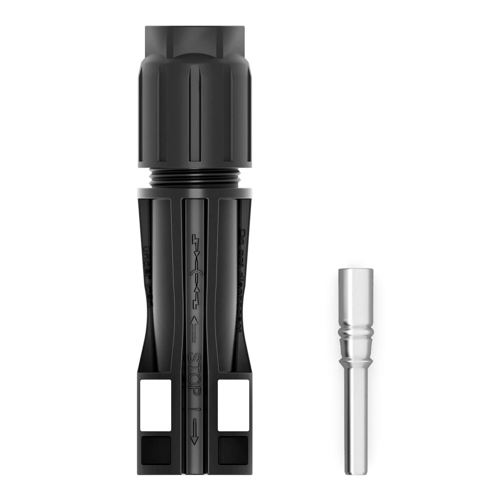 Schwarzer Stecker mit einem Stift. Weißer Hintergrund.