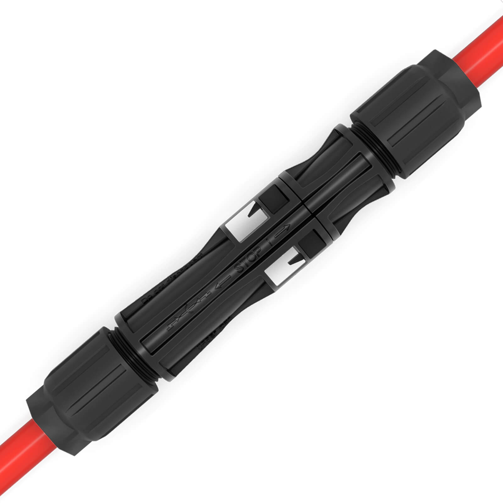 Ein schwarzer Kabelverbinder mit rotem Kabel auf beiden Seiten. Der Verbinder hat eine Stoppanzeige.