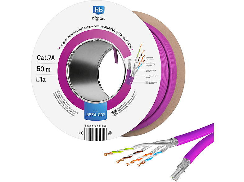 Câble Réseau CAT 7A 25m - Ethernet RJ45 S/FTP - 10000 Mbit/s - Violet - Pour Switch, PC, Serveur
