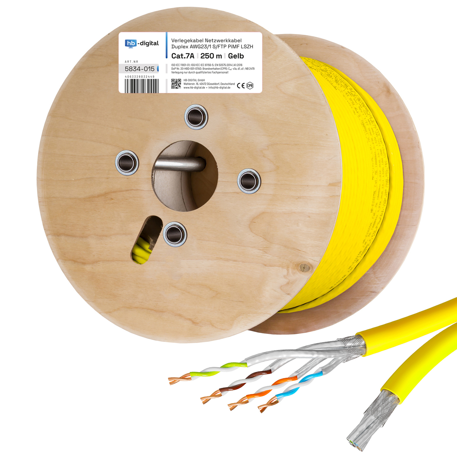 Eine hölzerne Kabeltrommel mit gelbem Kabel. Das Kabel ist teilweise abgewickelt, die inneren Drähte sind sichtbar.