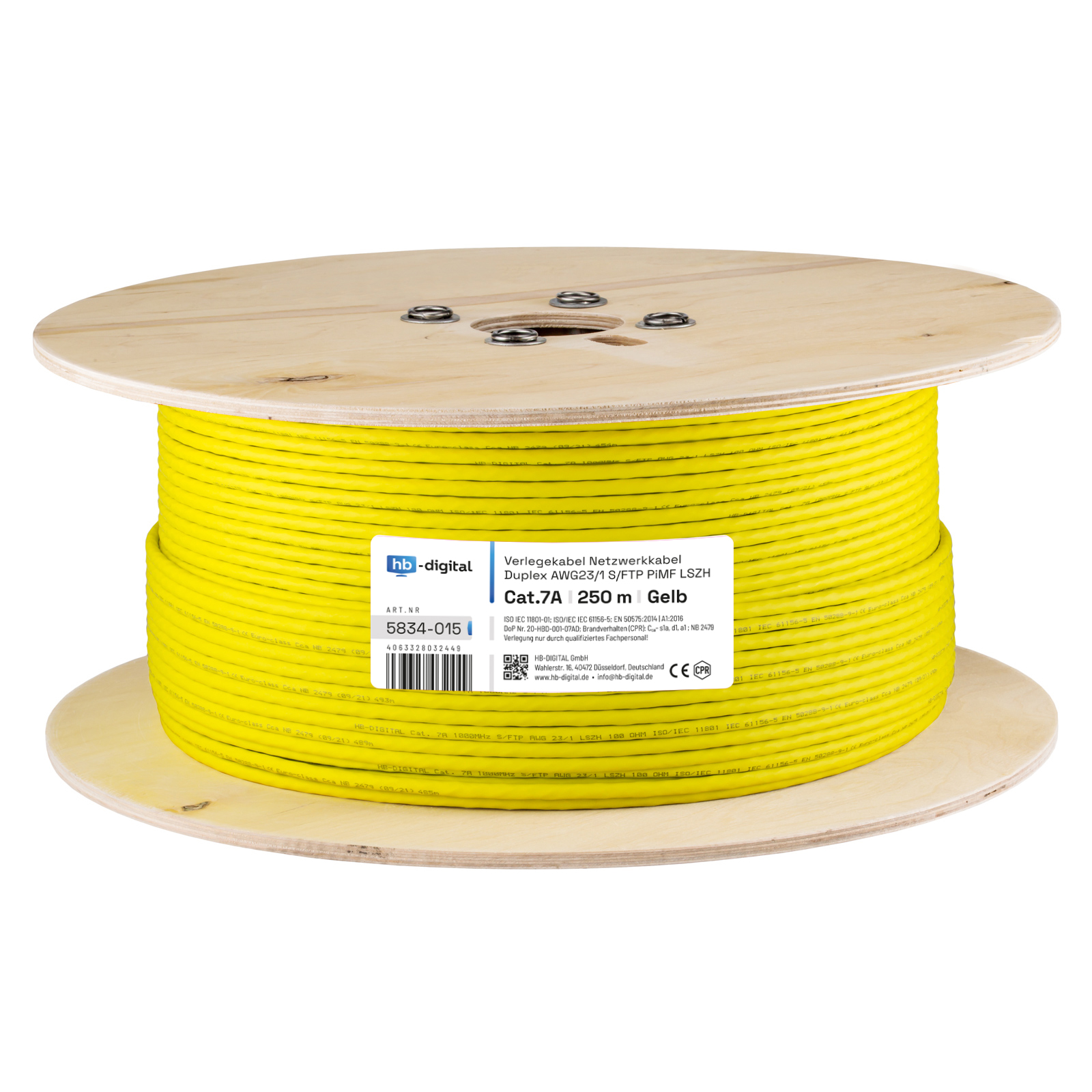 Gelbe Kabeltrommel mit gelbem Kabel und Produktinformationsetiketten.