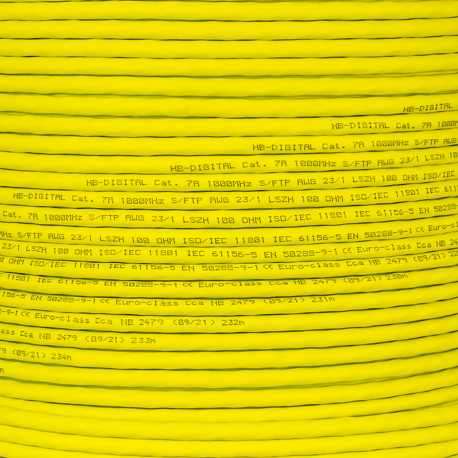 Gelbe Kabeltrommel mit Text: 'HB-DIGITAL Cat. 7A 1000MHz...'