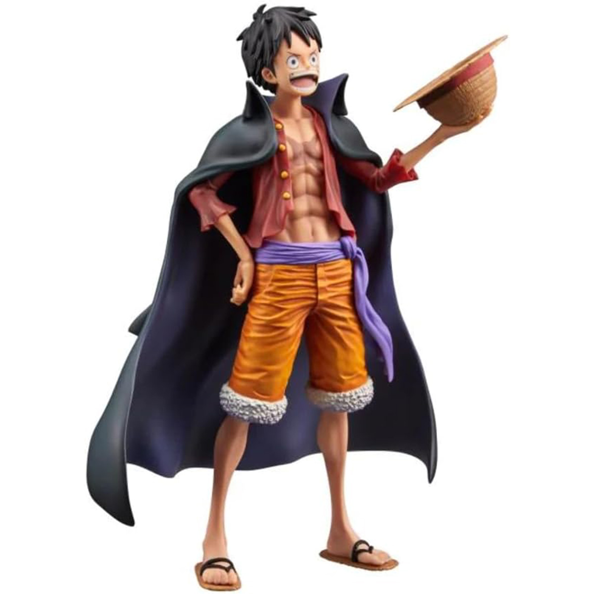 Anime-Figur eines Mannes in rotem Hemd, orangen Shorts, der einen Hut hält.