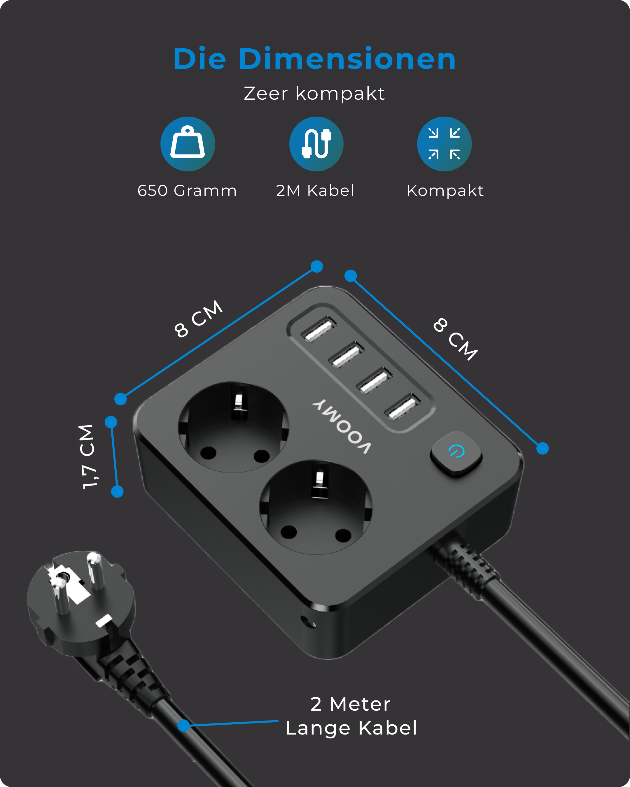 Czarny przedłużacz z 3 gniazdami i portami USB. Wymiary pokazano na czarnym tle.