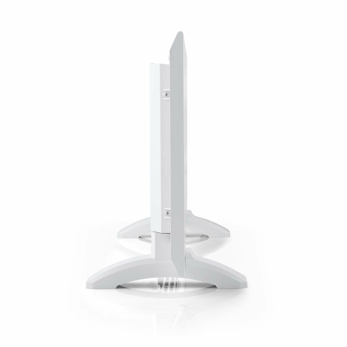 Un supporto TV bianco con un televisore visto di lato.
