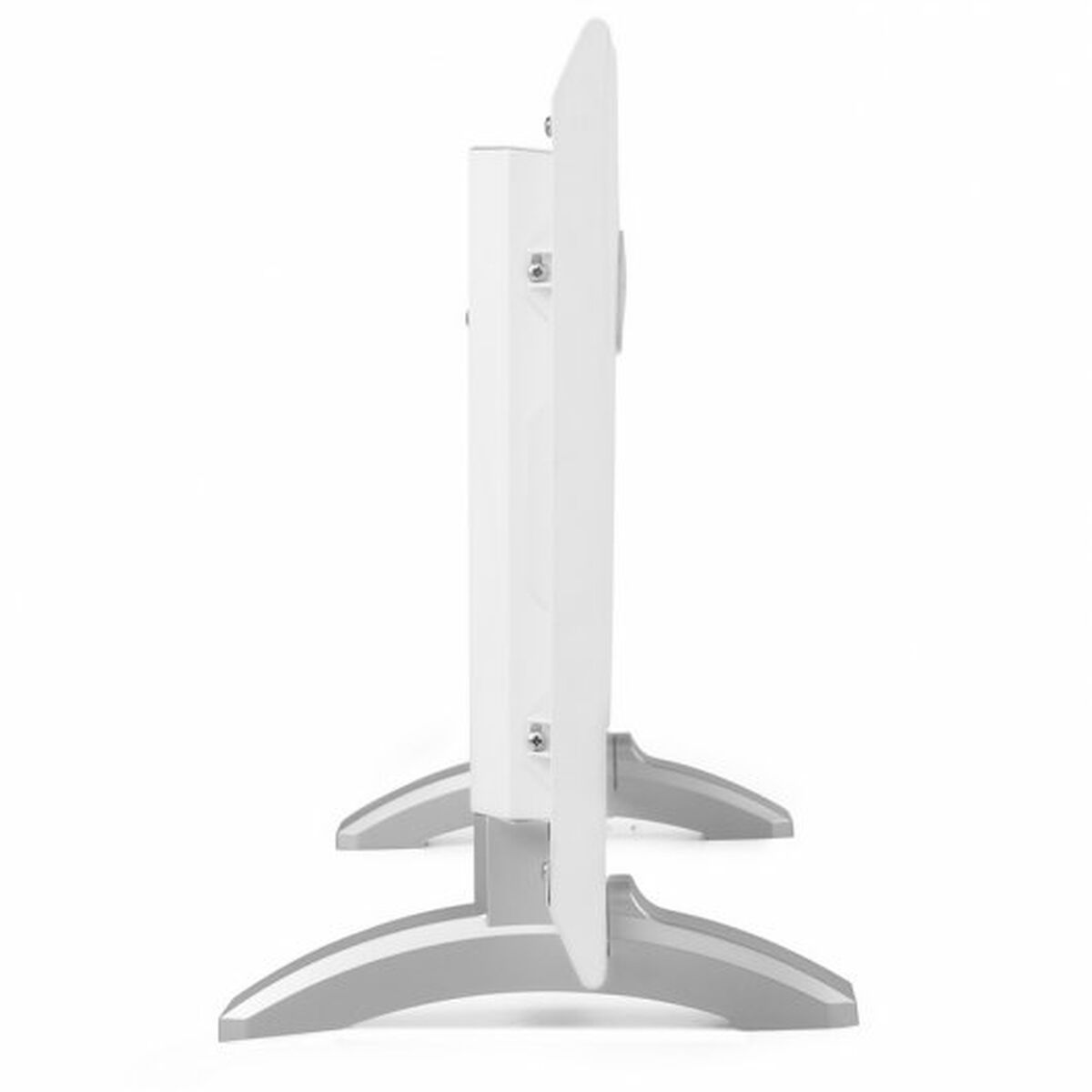 Biały grzejnik elektryczny, widok z boku, na białym tle. Szara podstawa, biały korpus.