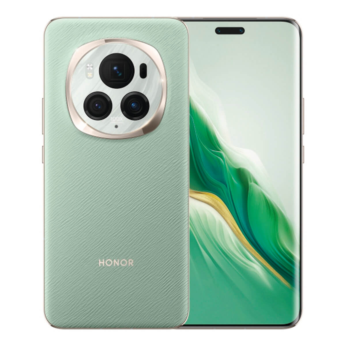 Minzgrünes Honor-Telefon mit großem Kamera-Array und Display. Weißer Hintergrund.