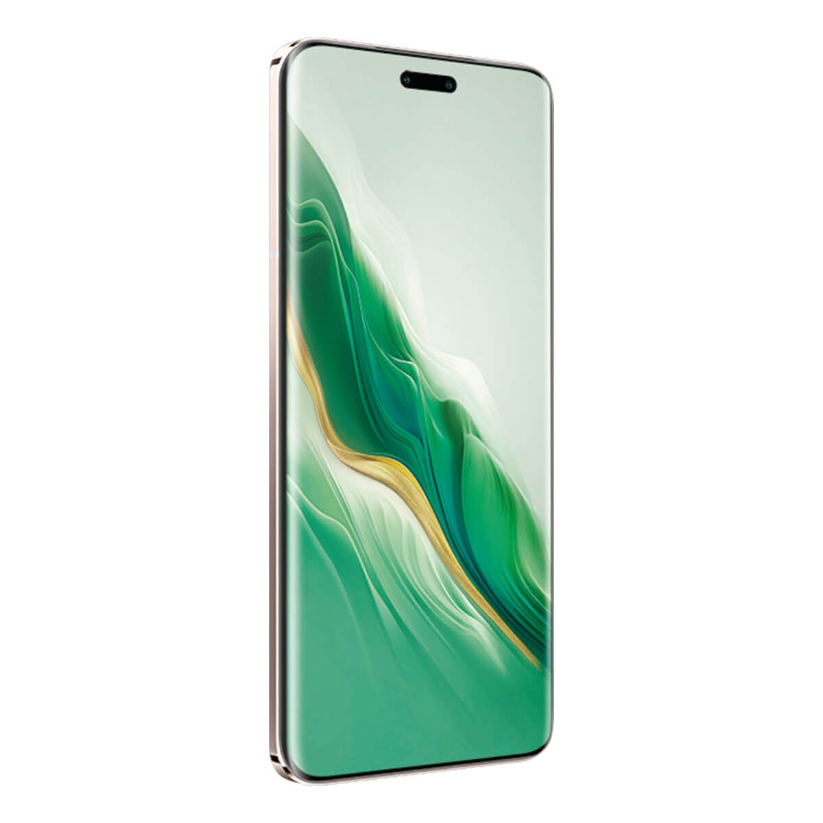 Modernes Smartphone mit grünem und goldenem Farbverlauf, in einem Winkel betrachtet.
