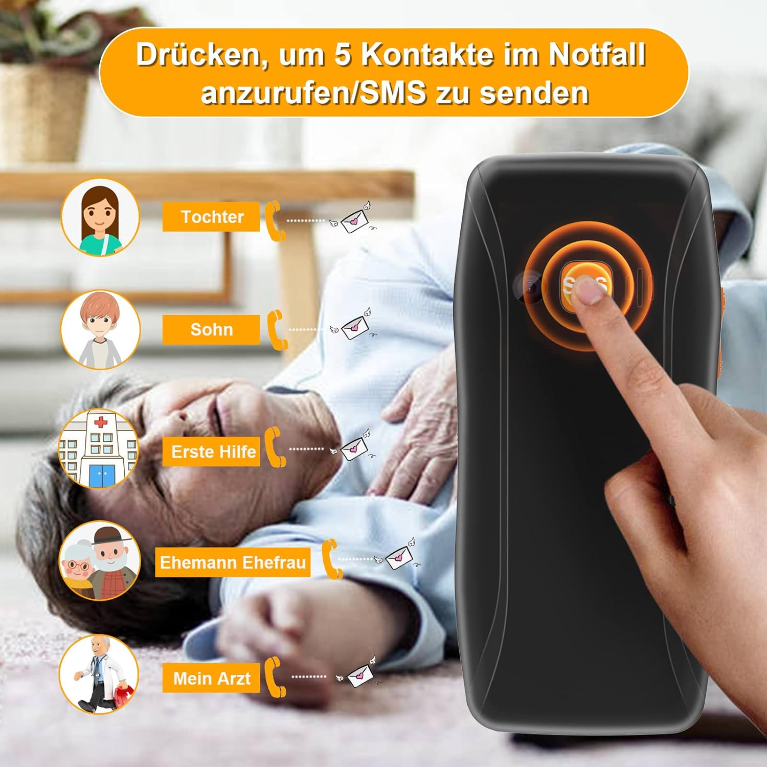 Eine Hand drückt einen Knopf auf einem schwarzen Gerät. Bilder von Kontakten und Notfall-SMS werden gezeigt.