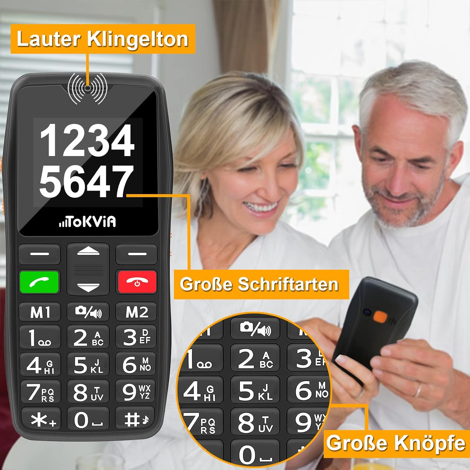 Ein älteres Ehepaar betrachtet ein Telefon mit großen Tasten. Das Telefon hat große Tasten und einen lauten Klingelton.