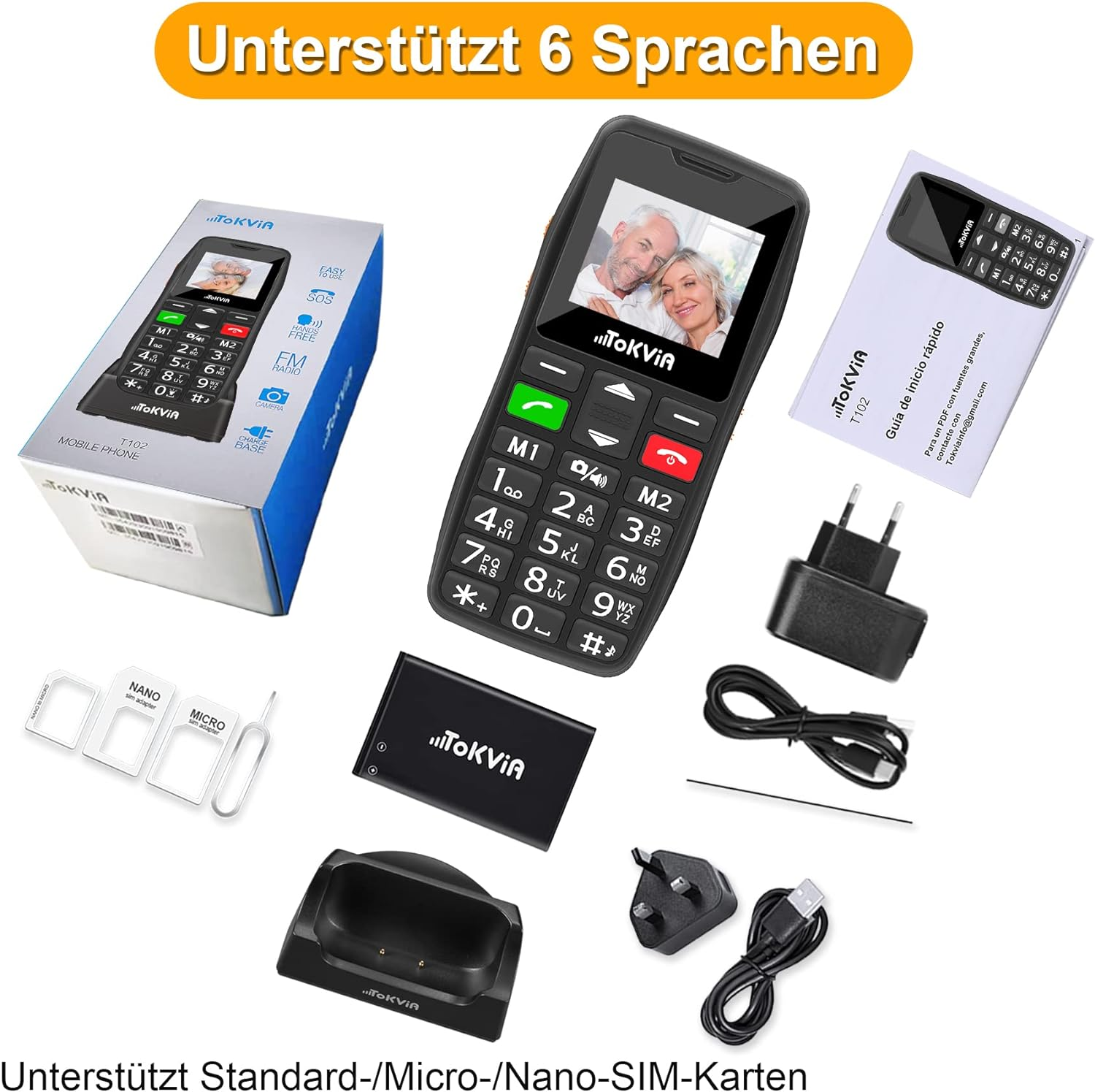 Mobiltelefon mit Zubehör auf weißem Hintergrund. Text zeigt, dass es 6 Sprachen unterstützt.