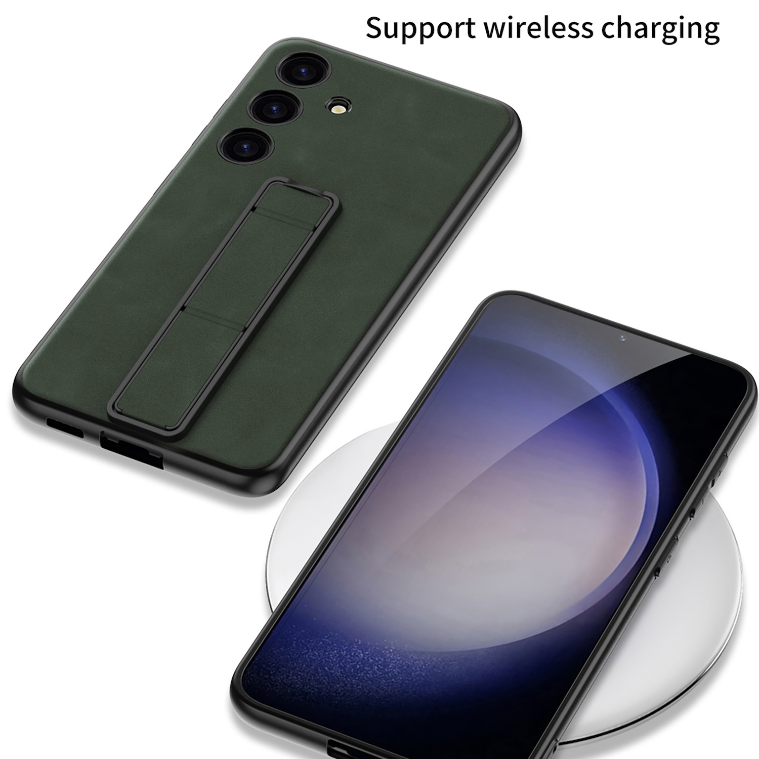 Grüne Handyhülle mit Ständer neben Handy auf kabellosem Ladegerät. Text: Unterstützt kabelloses Laden.