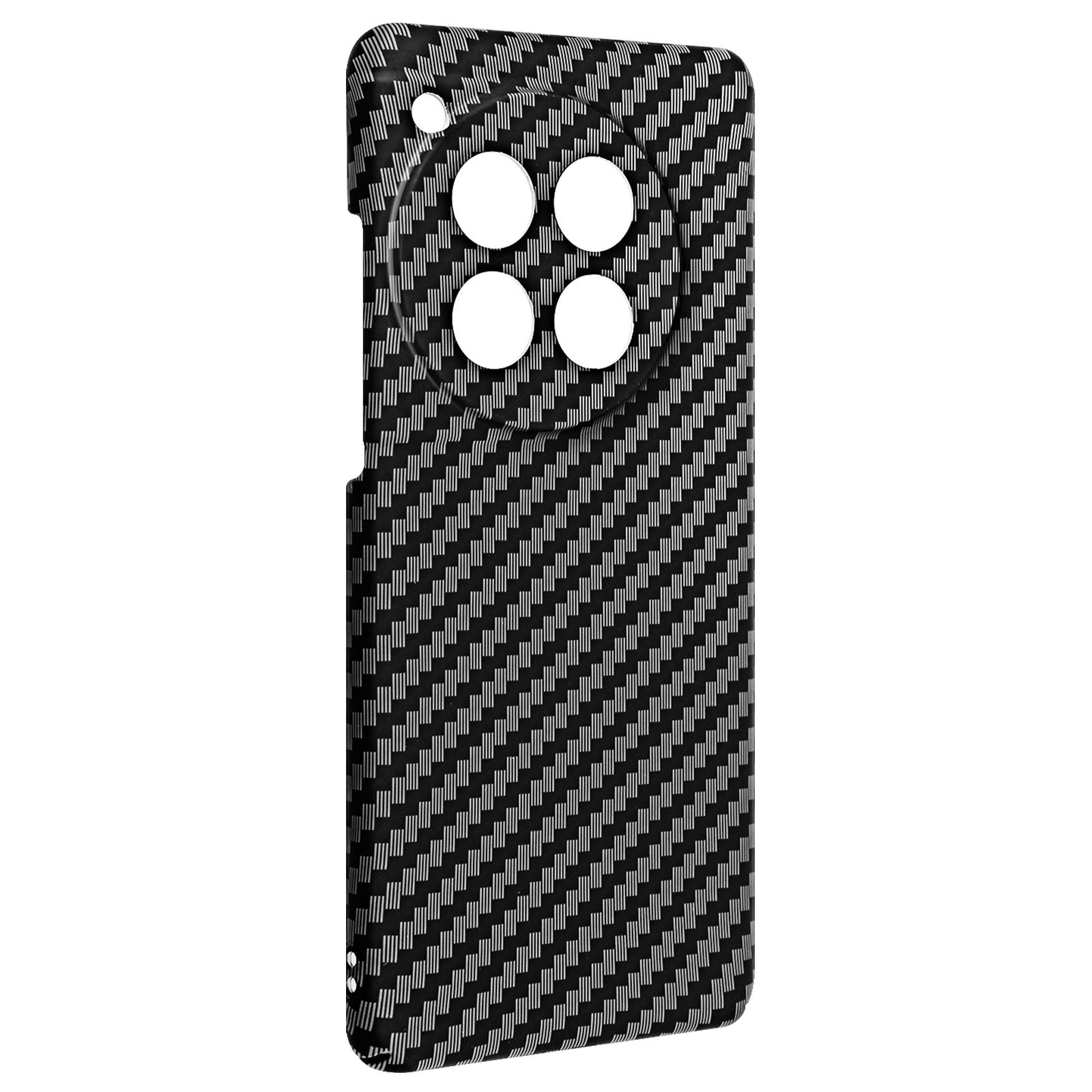 Cover posteriore per smartphone con motivo in fibra di carbonio e quattro fori per fotocamera.