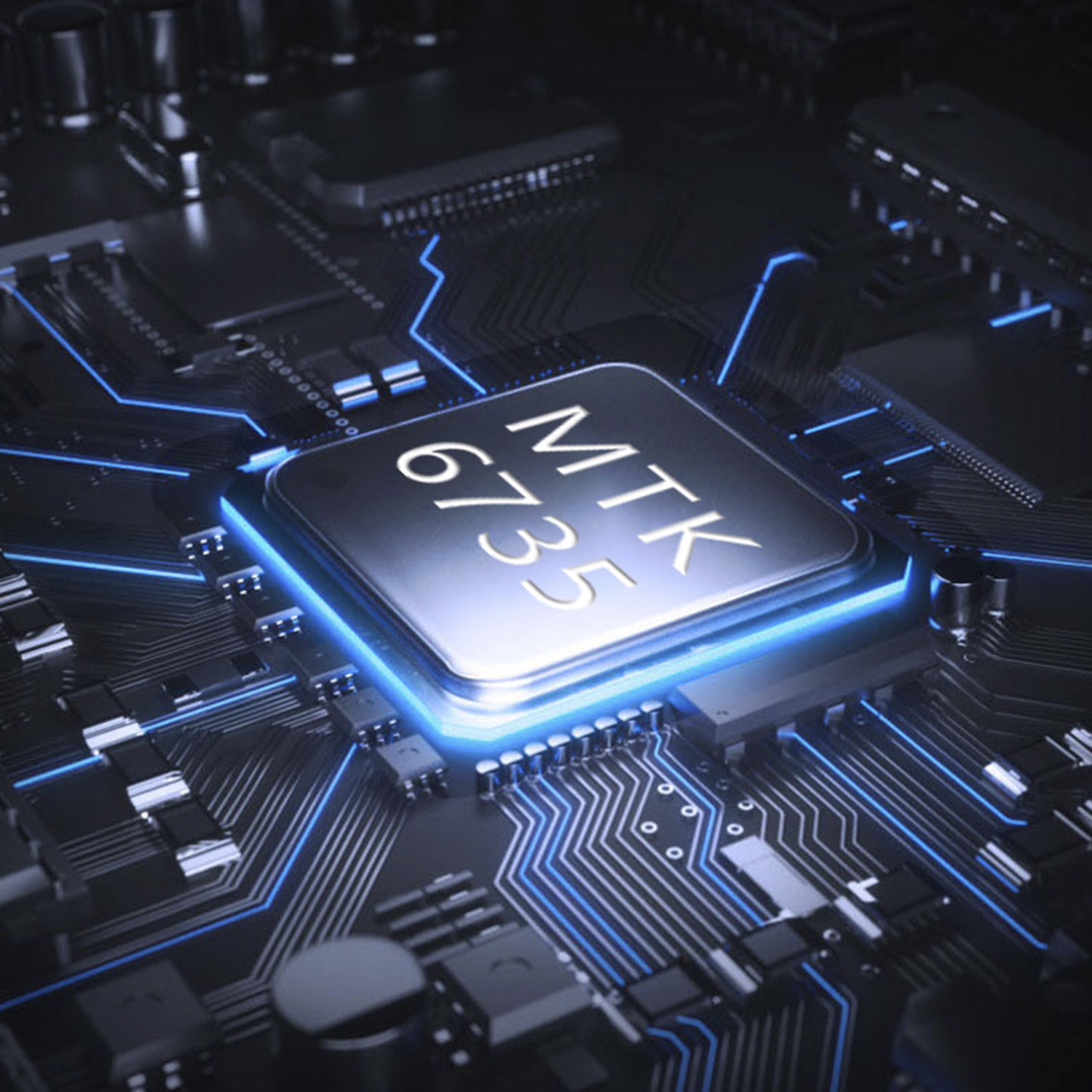 Nahaufnahme eines Computerchips mit dem Text MTK 6735, der blau beleuchtet ist.