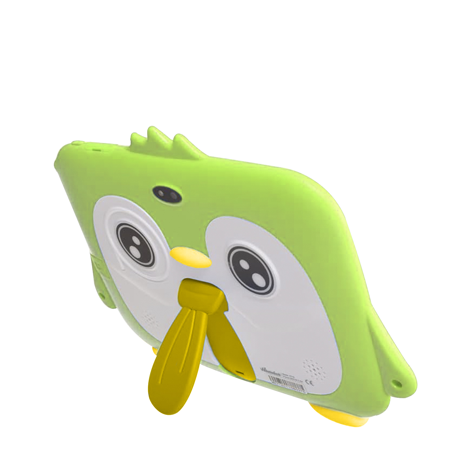 Un tablet a forma di pinguino verde con un cavalletto giallo, su sfondo bianco.