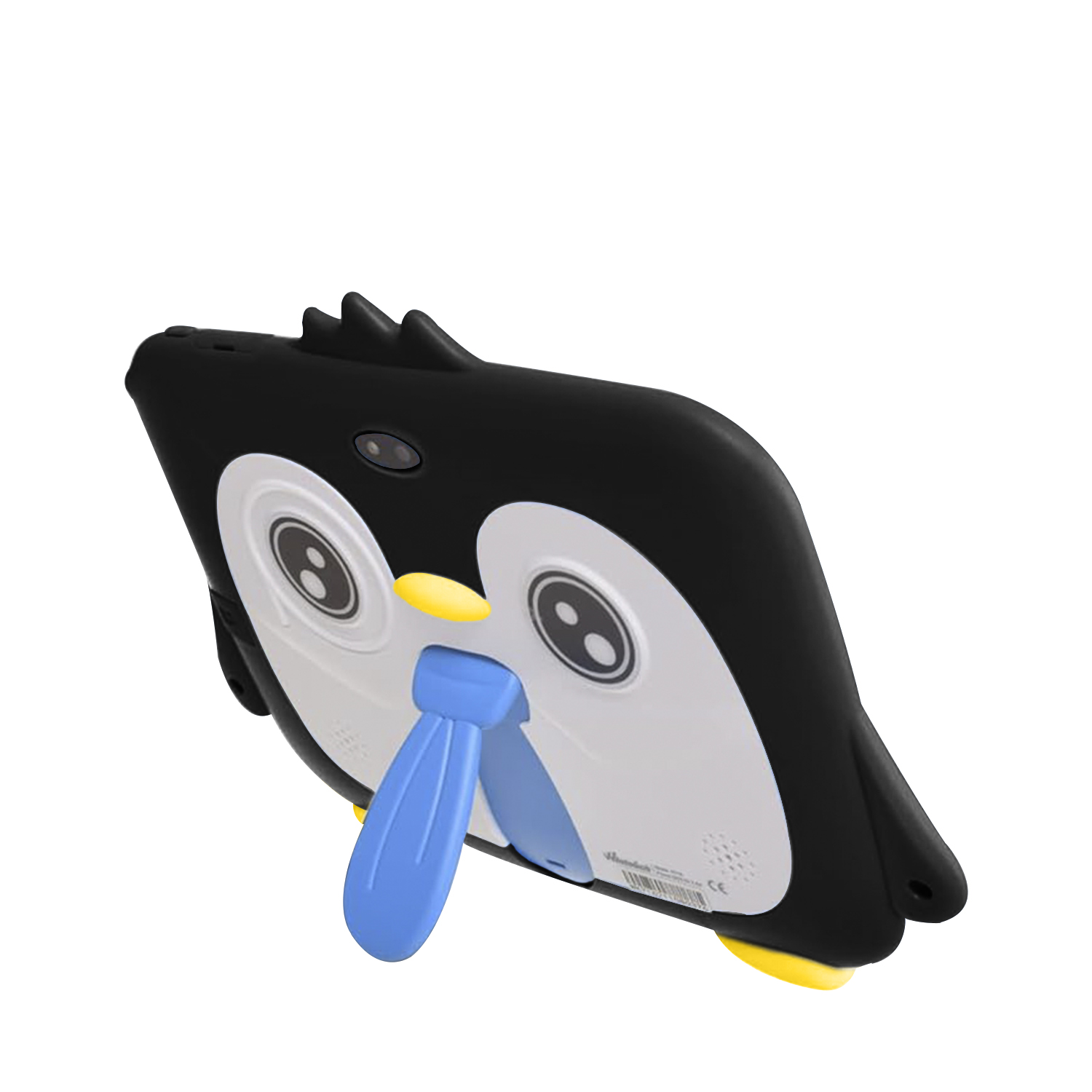 Ein schwarz-weißes Tablet in Pinguinform. Blauer Ständer. Gelbe Akzente. Angesichtswinkel. Weißer Hintergrund.