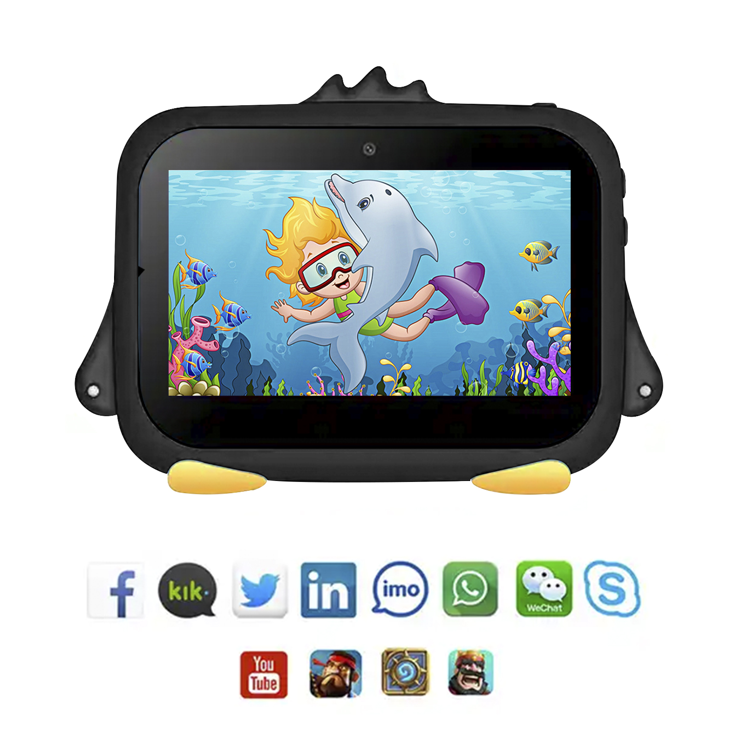Ein schwarzes Tablet mit einem Cartoon eines Kindes, das mit einem Delfin schwimmt. Icons werden unten angezeigt.