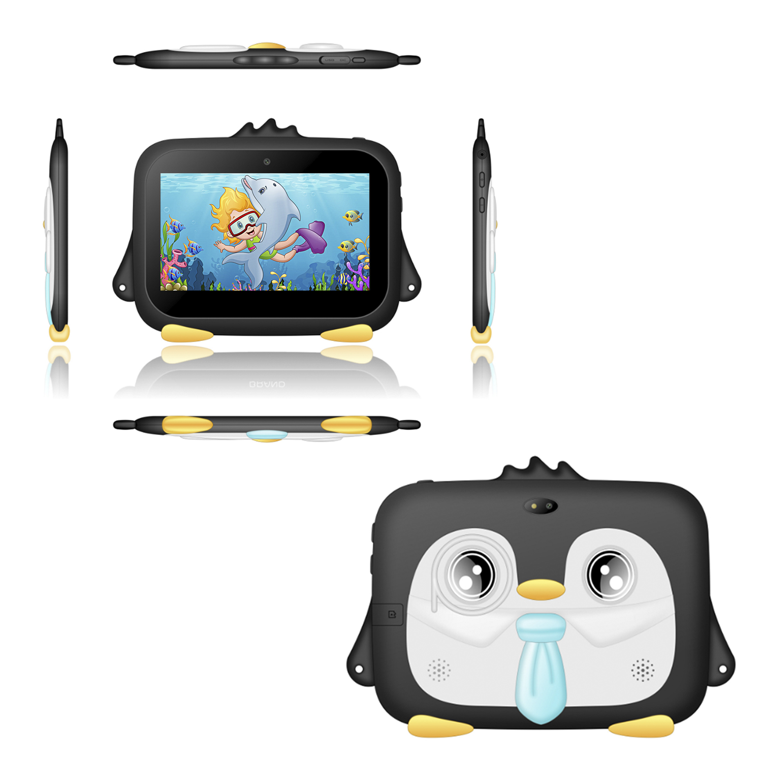 Schwarzes Tablet in Pinguinform mit Cartoon auf dem Bildschirm.