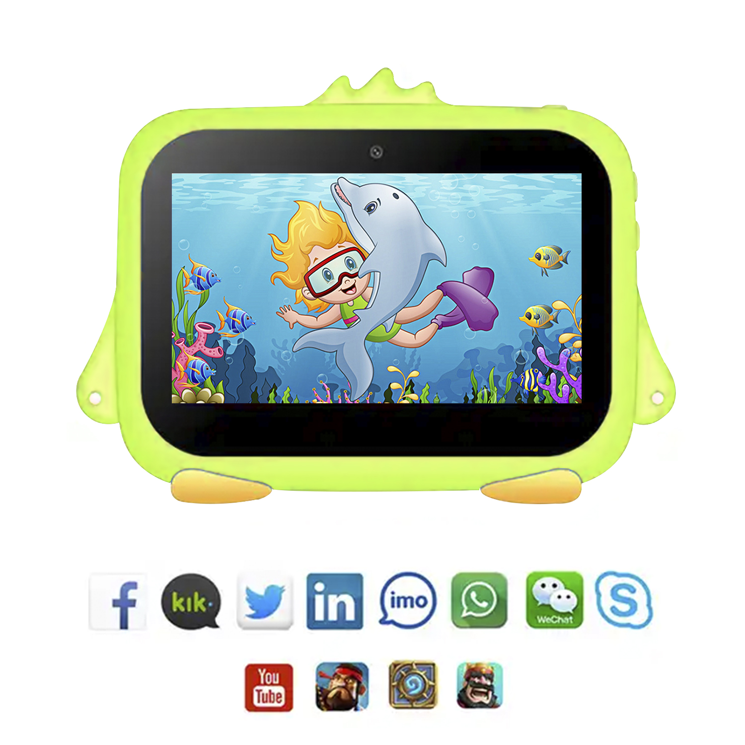 Un tablet verde con un'immagine di cartone animato e icone di app sotto.