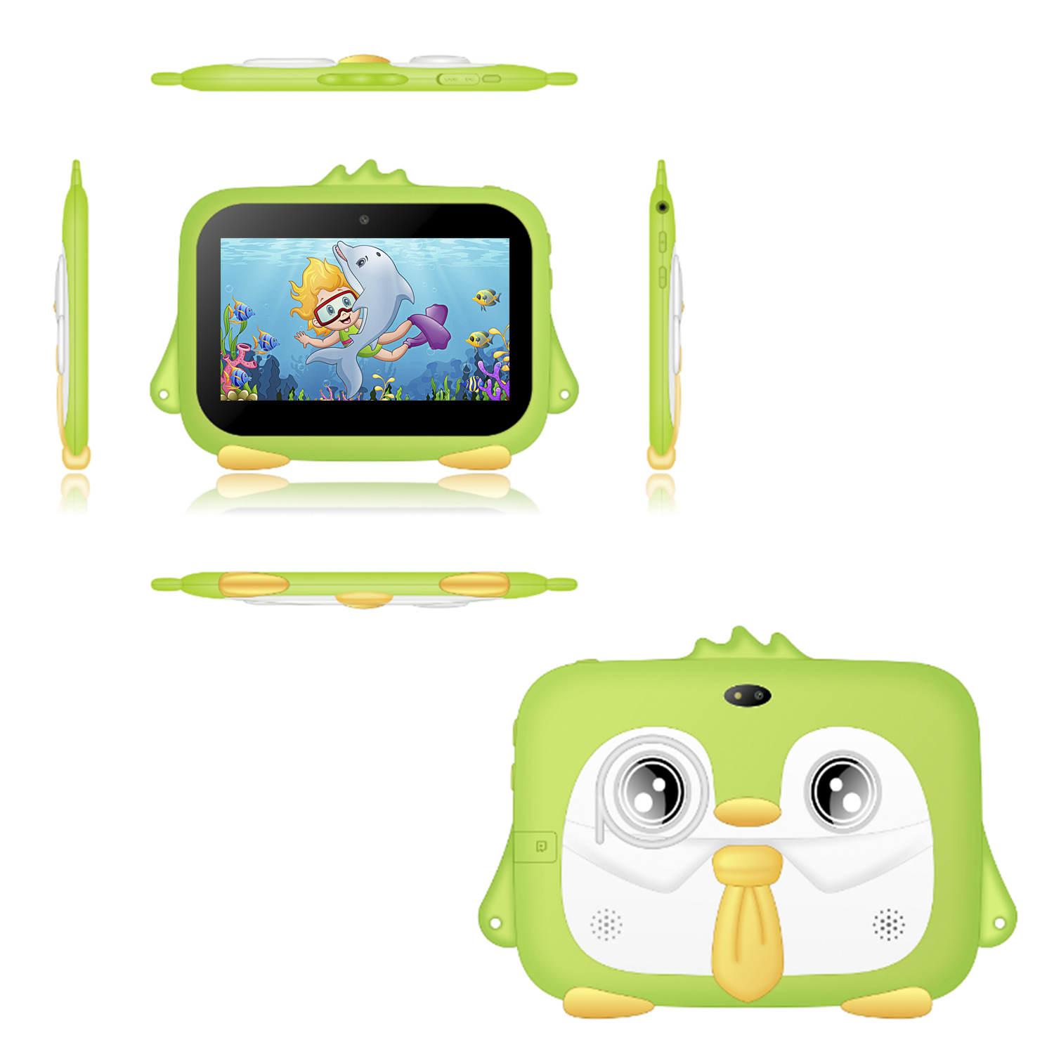 Tablet a forma di pinguino verde con scena sottomarina a cartoni animati sullo schermo e viste multiple.