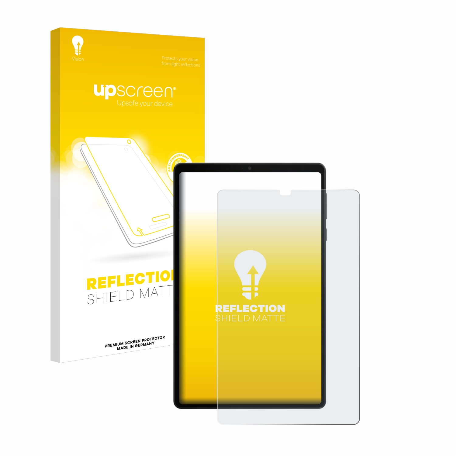 Tablet mit Displayschutz und Box. Box hat Text: "Reflection Shield Matte".