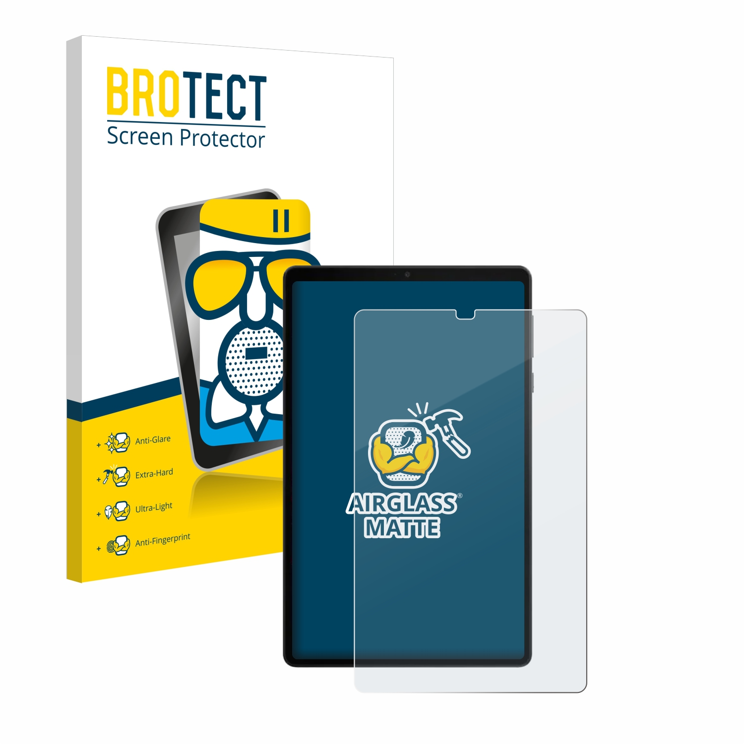 Tablet-Displayschutzfolie mit Verpackung. Tablet und Schutzfolie sind sichtbar. Text lautet 'AIRGLASS MATTE'.