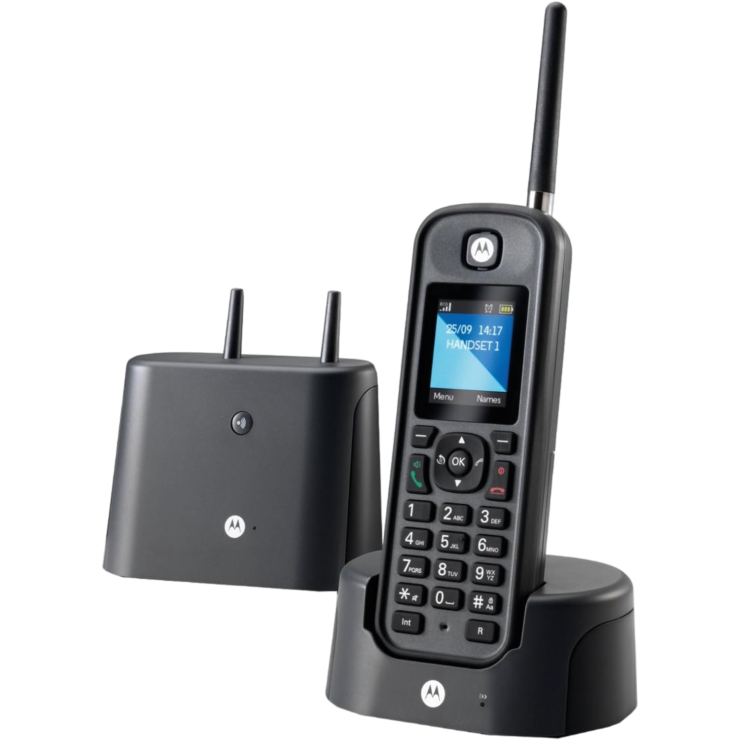 Teléfono inalámbrico negro con base y cargador. Muestra una pantalla con hora y número de teléfono.