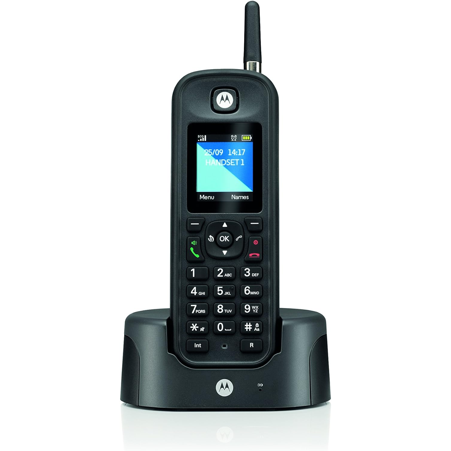 Teléfono inalámbrico negro con pantalla y antena. Descansa sobre una base de carga. Logo Motorola visible.
