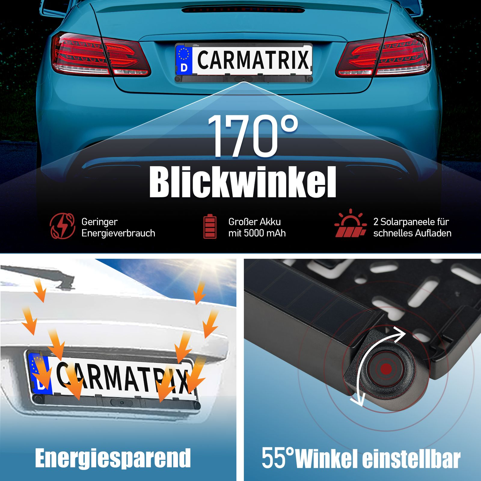 Rückansicht eines Autos mit Kennzeichenrahmen, der Fahrzeuginformationen anzeigt.