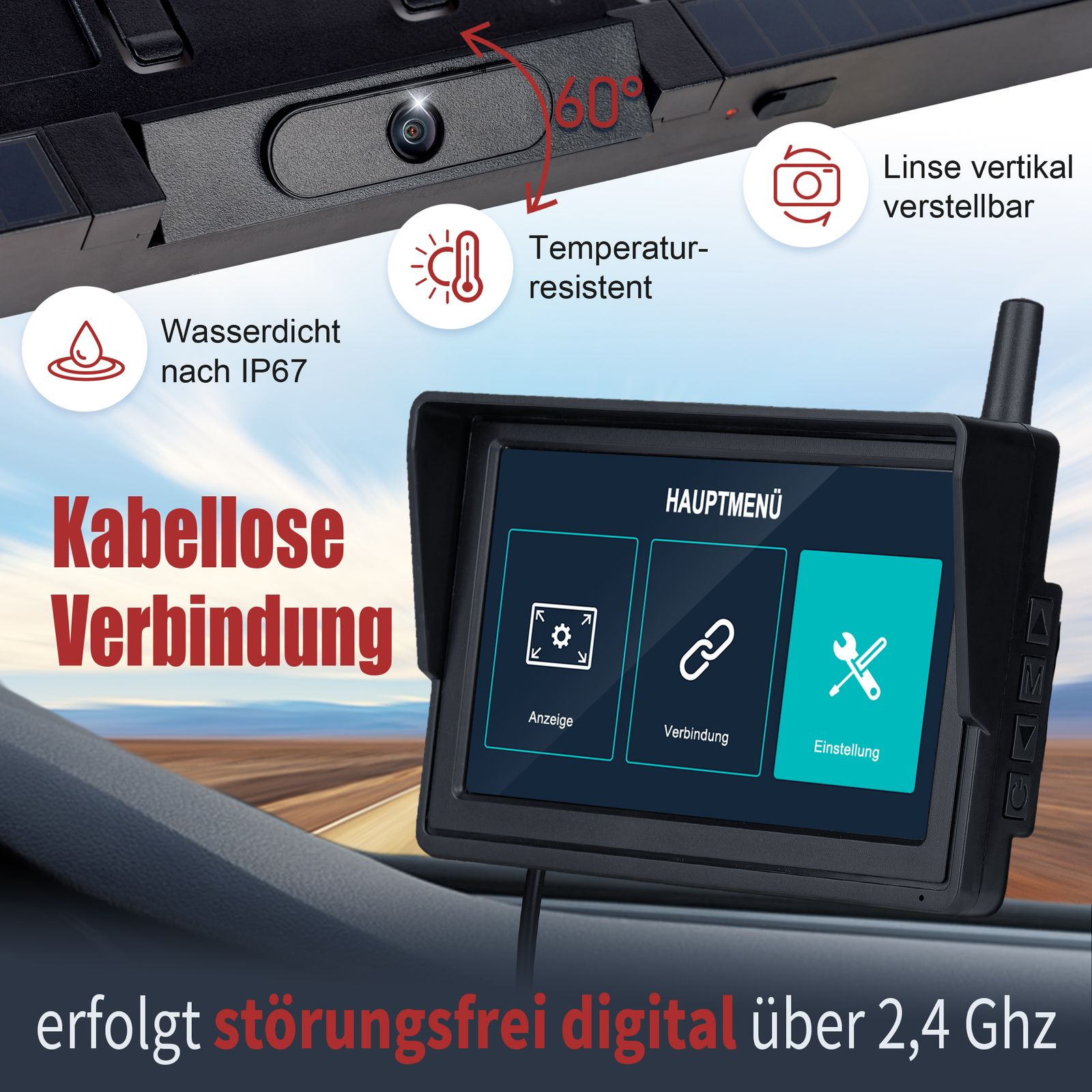 Ein Armaturenbrett eines Autos, das einen Bildschirm mit einem Video einer Kamera mit Textbeschriftungen zeigt.