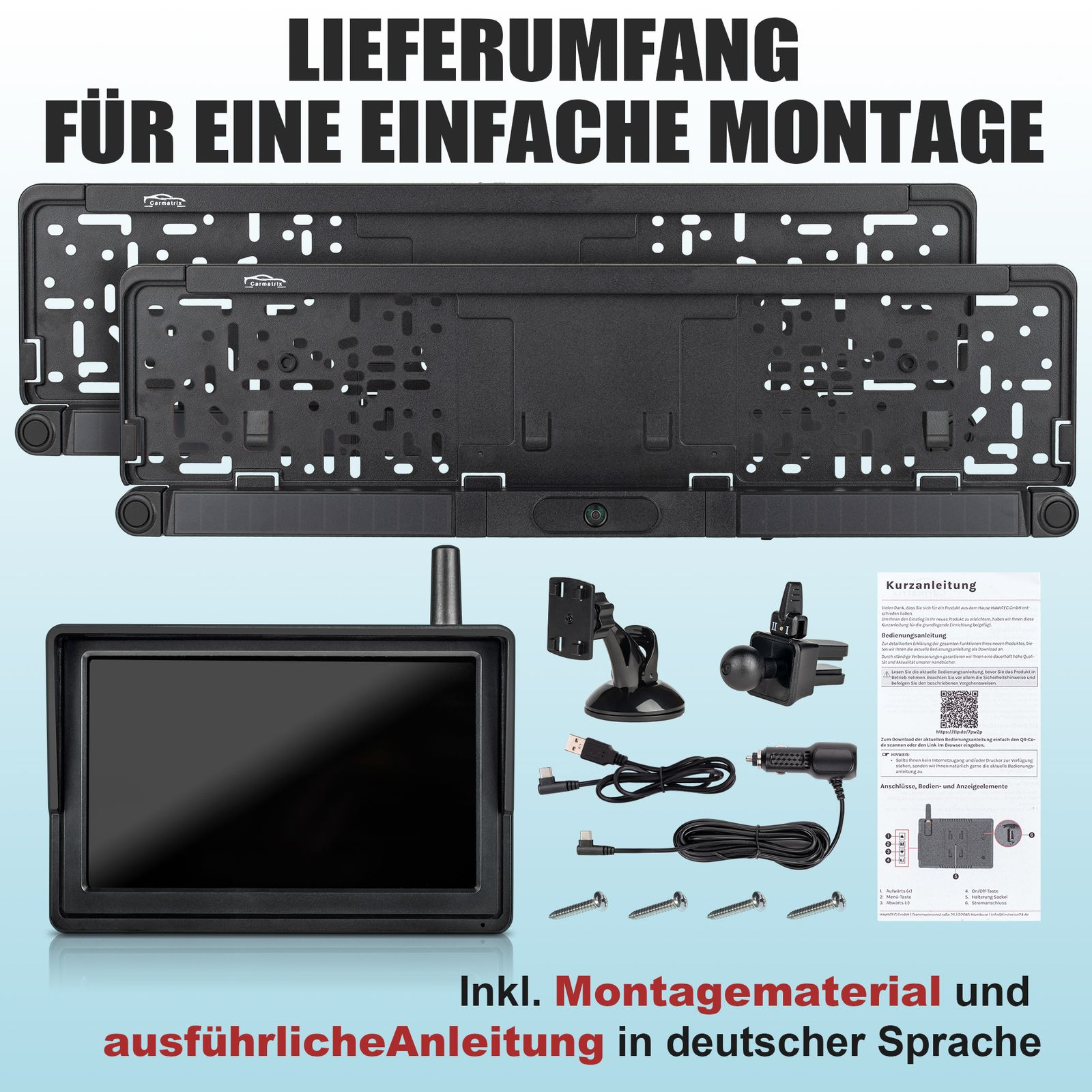 Ein schwarzes Gerät mit Bildschirm, Zubehör und Text auf Deutsch.